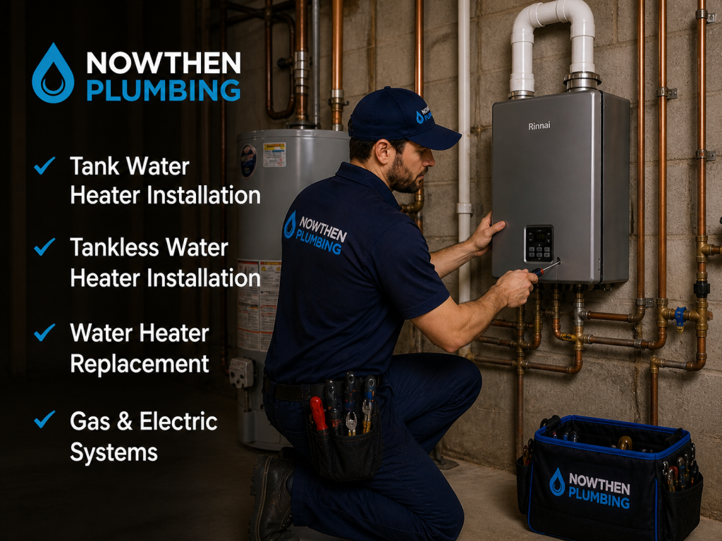 Nowthen Plumbing technician installing tankless water heater with service options including tank installation replacement and gas electric systems