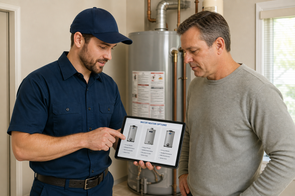 Nowthen Plumbing technician explaining water heater options to homeowner using a tablet in a residential home