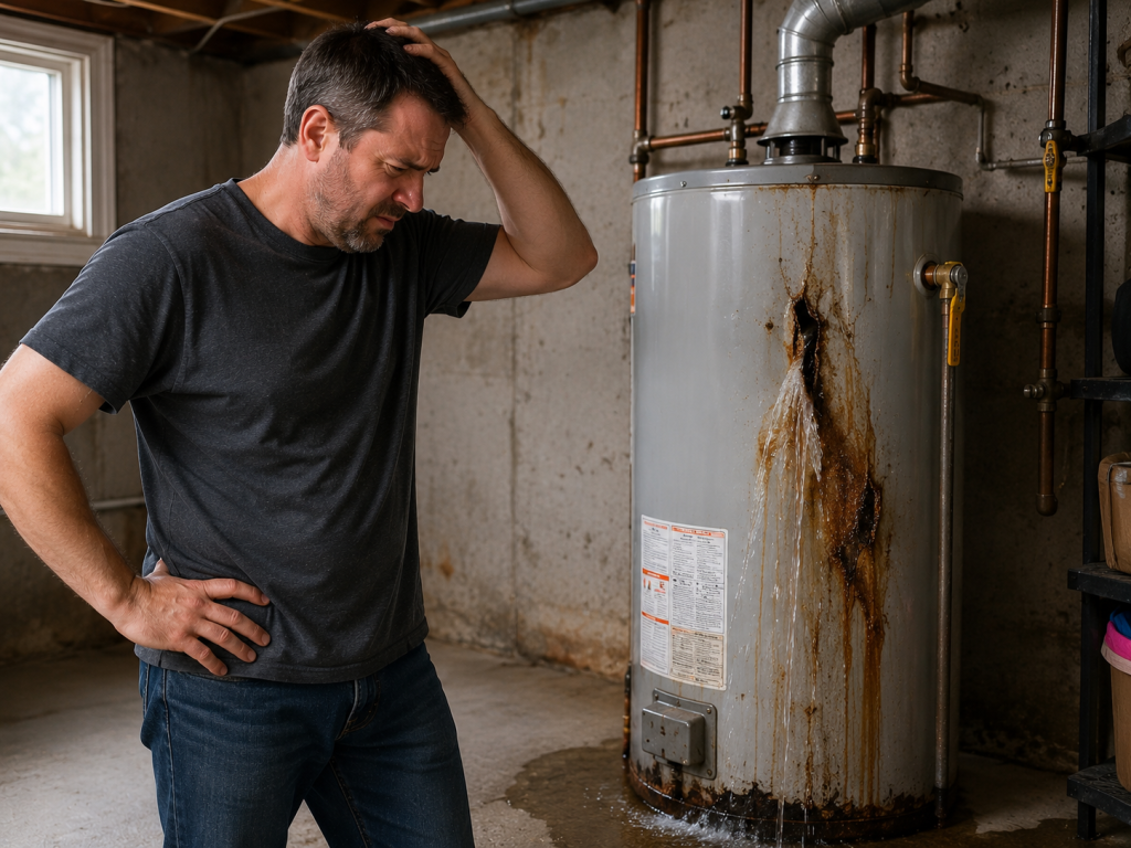 Homeowner looking frustrated at leaking rusted water heater in basement after system failure