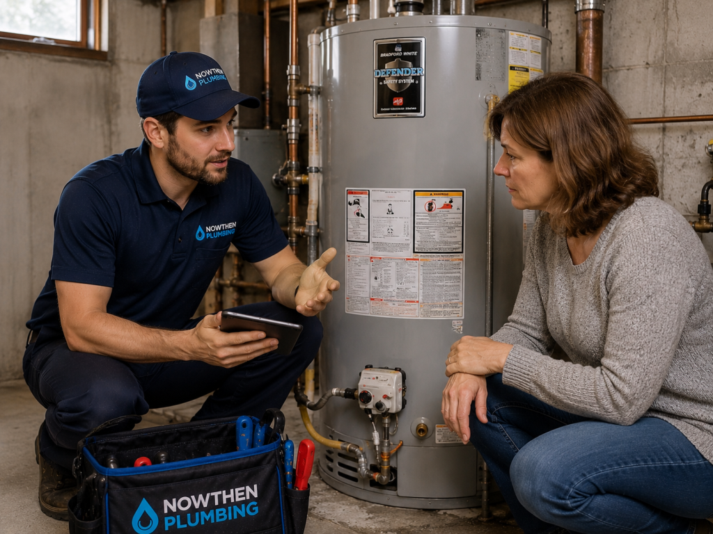 Nowthen Plumbing technician discussing water heater repair options with homeowner in basement