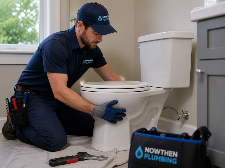 Professional plumber installing a toilet in a residential bathroom with proper tools and setup