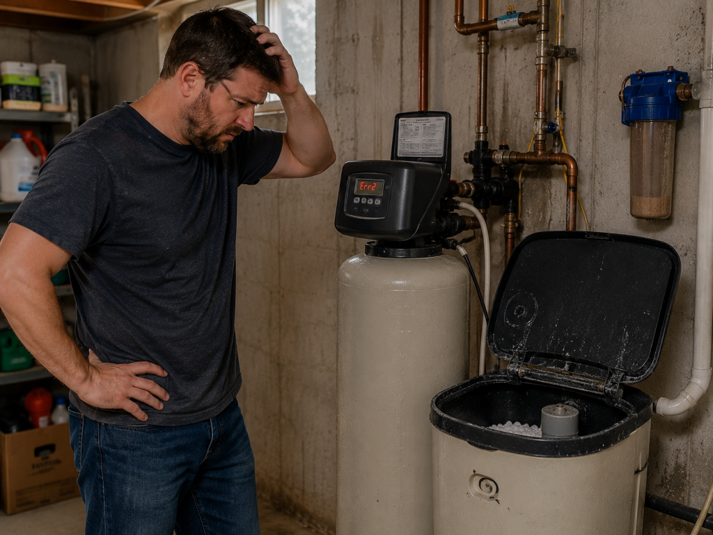 Homeowner looking frustrated at malfunctioning water softener system in basement utility room