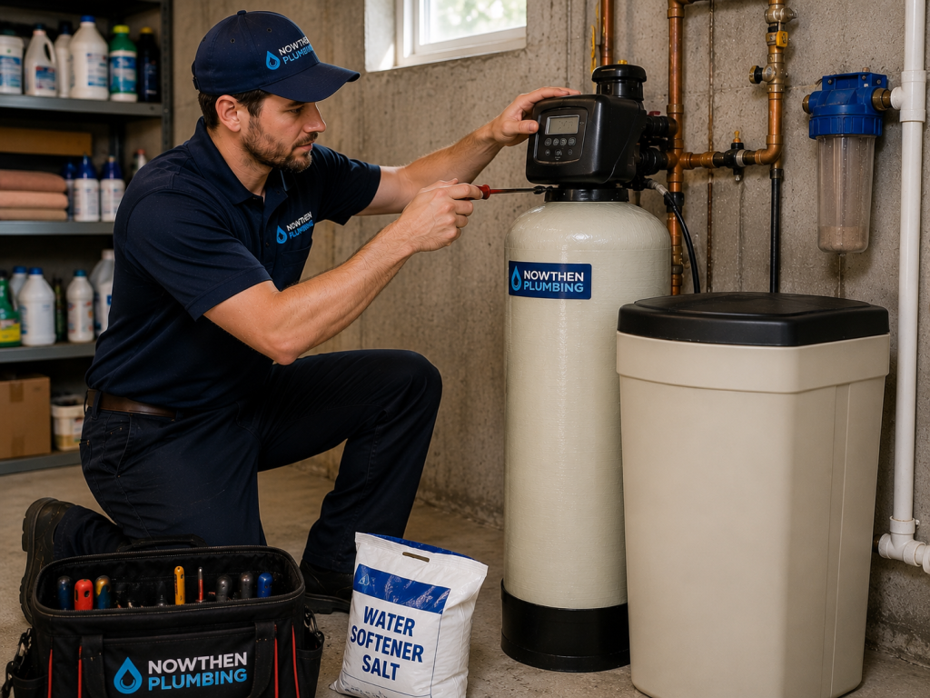 Nowthen Plumbing technician installing a water softener system in a residential basement
