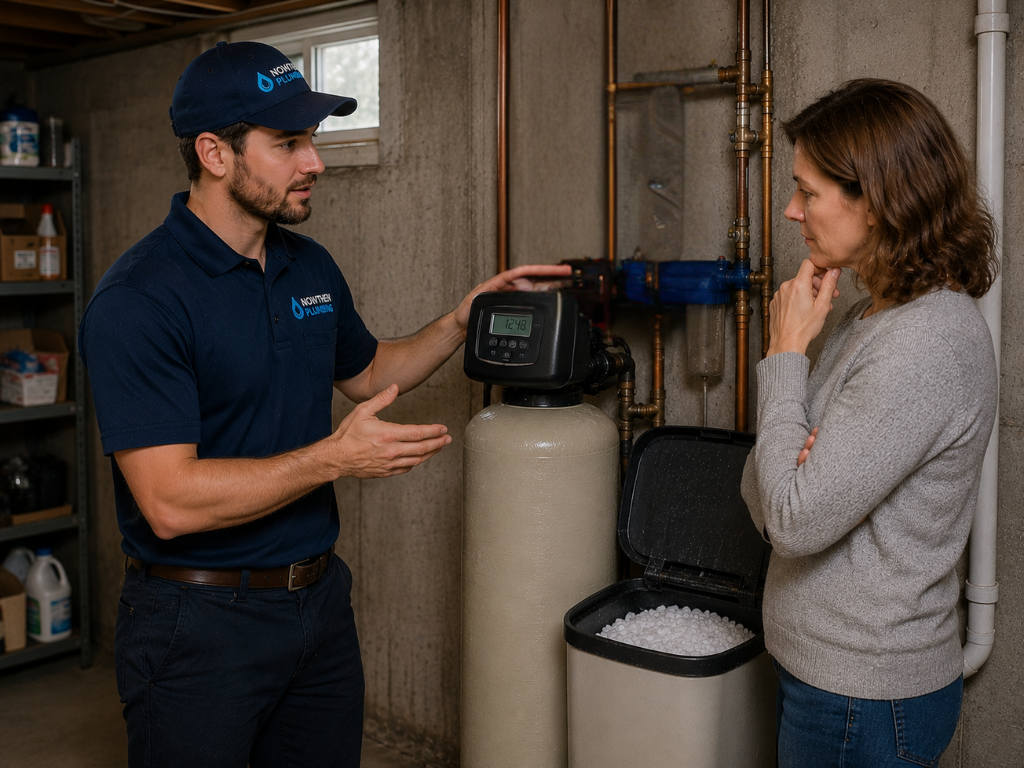 Nowthen Plumbing technician explaining water softener options to homeowner in basement
